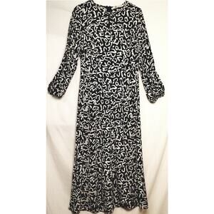 Zara Career Viscose Dress Black & White Maxi Length Balloon Sleeves SZ L